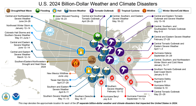 A map of the U.S. it shows all of the weather and climate disasters that caused more than $1 billion in damage.