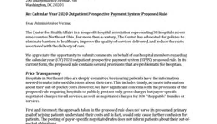 The Center Submits Comments Requesting Changes to the CY 2020 OPPS Proposed Rule